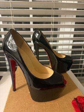 Christian Louboutin Black Patent Platform Peep-Toe Stilettos with Red Soles